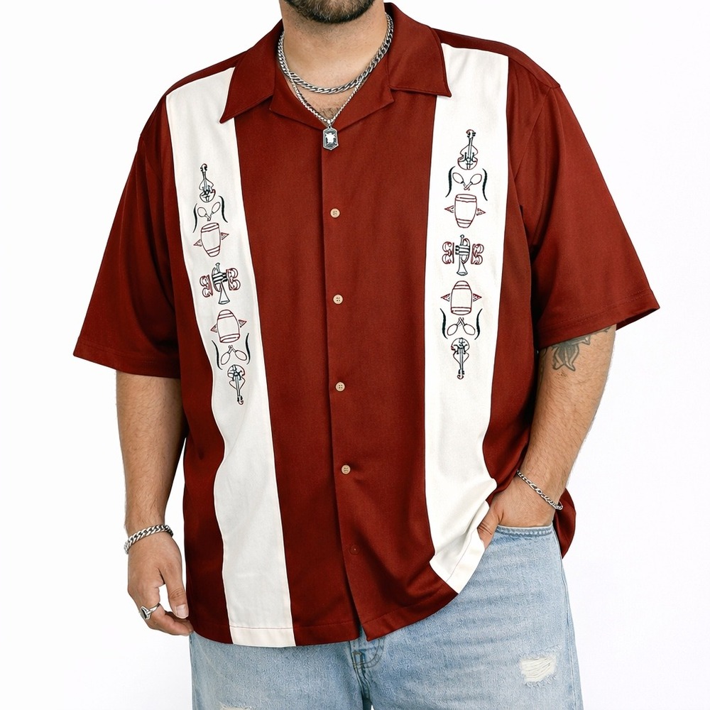Monte Carlo 2XL Bowling Shirt Red Embroidered Musical Instruments‎ Rockabilly